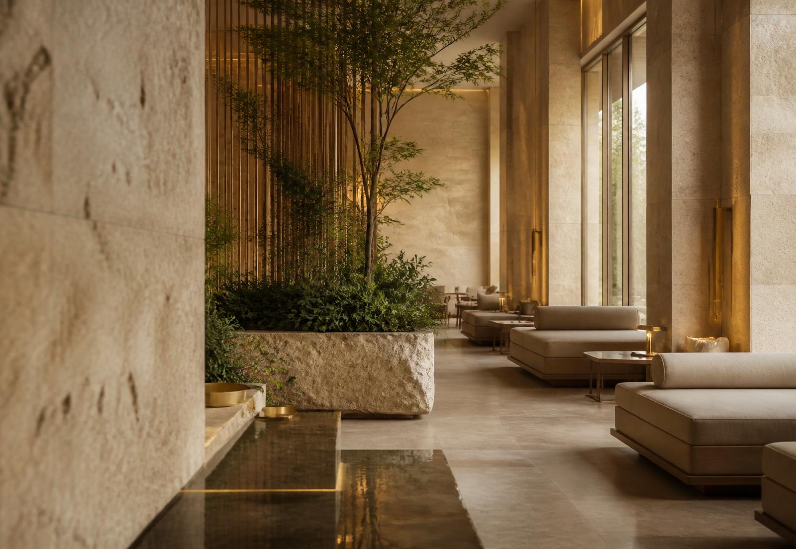 A quiet corridor of warm travertine and oak inside The Foundry