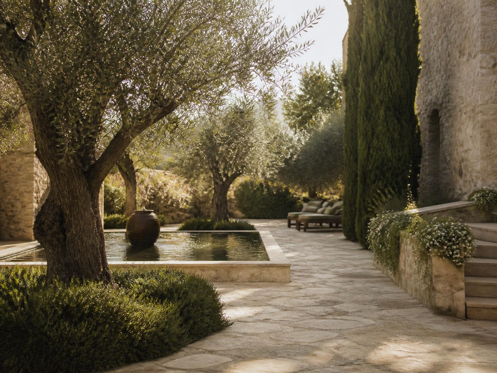 A landscaped courtyard garden of olive trees and warm limestone